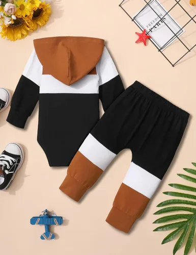 Miniatura 8 de Ropa de bebé niño de manga larga, sudadera con capucha con estampado de letras + pantalones de retazos, 2 piezas, trajes de otoño e invierno