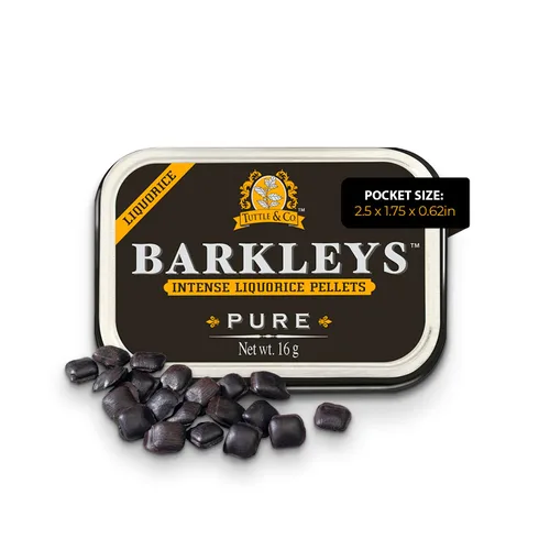 Barkleys Caramelo de Regaliz Negro, Pellets de Regaliz - Regaliz Libre de Gluten, Vegano - Regaliz Negro Intenso (1 Lata x 16 gr.)