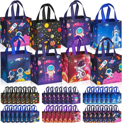 Kigeli 60 bolsas de regalos espaciales de 6 estilos, recuerdos de fiesta espacial, bolsas grandes de regalo no tejidas con asas, bolsa de dulces de