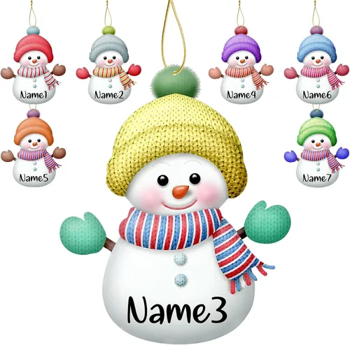 Miniatura 8 de Adornos de Navidad personalizados de muñeco de nieve, juego de adornos de Navidad de madera personalizados con nombres, decoraciones para colgar
