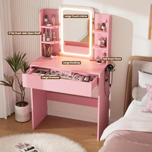 Miniatura 3 de Escritorio de tocador con espejo y luces, pequeño escritorio de maquillaje con cajón de almacenamiento, 3 moderadores de iluminación y brillo