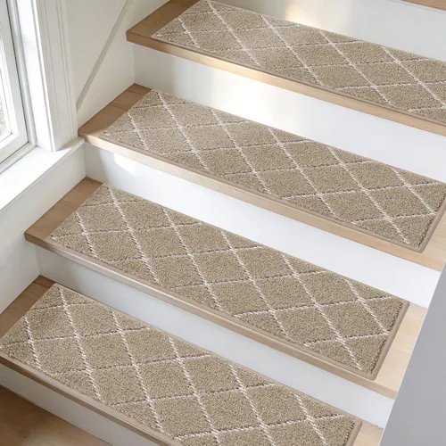 BEQHAUSE Peldaños de escalera para peldaños de madera, antideslizantes, lavables a máquina, alfombras de poliéster suave, 28 x 9 pulgadas para