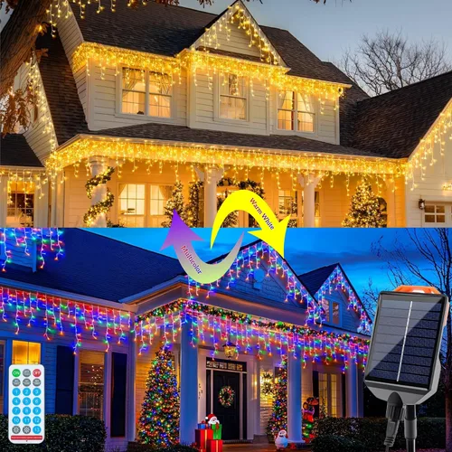 Luces solares de Navidad para exteriores, 640 LED, 16 pies + 60 pies, luces solares de carámbano que cambian de color, impermeables, con 13 modos de