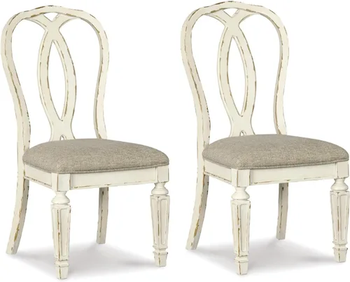 Signature Design by Ashley Realyn French Country - Silla de comedor con respaldo de cinta, 2 unidades, color blanco astillado