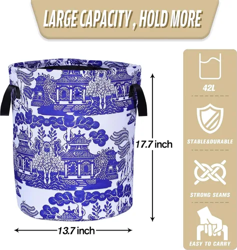 Miniatura 2 de Cesta de lavandería de porcelana blanca y azul chinoiserie, plegable, de tela Oxford, divertida bolsa de lavandería, cesta de almacenamiento