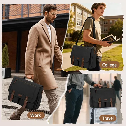 Miniatura 7 de RAINSMORE Bolsa tipo mensajero para hombre de 15.6 a 17.3 pulgadas, resistente al agua, de lona, maletín para computadora, para trabajo, universidad