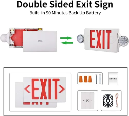 Miniatura 7 de Luz de salida de emergencia, luz ajustable de dos luces LED para salida, combo de iluminación de salida de emergencia comercial con batería de Rojo