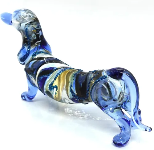 Miniatura 5 de Figuras en miniatura de perro salchicha soplado a mano, arte de animales coleccionables, regalo para decoración del hogar (4 pulgadas, azul negro)