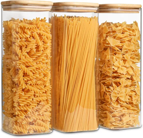 ComSaf Recipientes de vidrio para almacenar pasta de espaguetis con tapas, juego de 3 recipientes de almacenamiento de alimentos altos transparentes