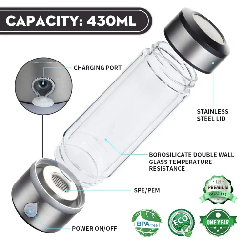 Miniatura 2 de Taza de agua rica en hidrógeno, ionizador de tecnología PEM, generador de agua ionizado recargable por USB, botella de vidrio antioxidante
