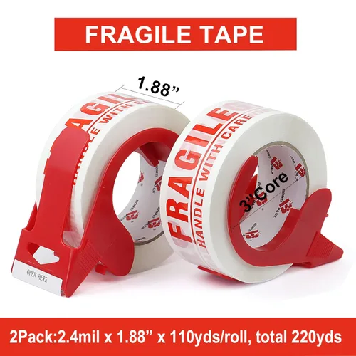 Miniatura 3 de BOMEI PACK Cinta frágil de 2 pulgadas x 330 pies (110 yardas), 2 rollos, mango de cinta frágil con cuidado para el envío con dispensador, cinta