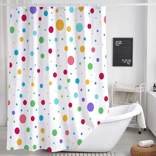 DYNH Cortina de ducha infantil con diseño de arco iris para baño, colorido geométrico lindo juego de cortinas de ducha de tela de lunares, Blanco
