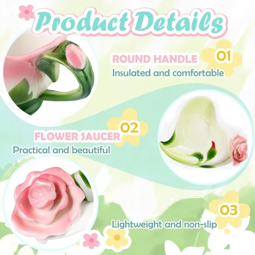 Miniatura 3 de ONEUSTAR Juego de taza de té rosa y platillo para 1 taza de café de cerámica hecha a mano con flores rosas para el día de la madre, Acción