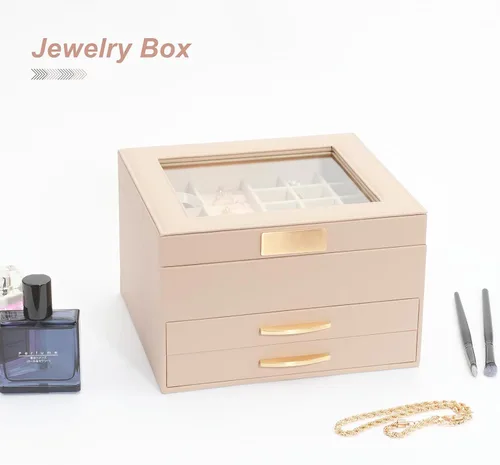 Miniatura 8 de Caja organizadora de joyas, organizador de joyas de 3 capas con 2 cajones, cajas de joyería para exhibir aretes, collar, reloj, pulsera y anillos