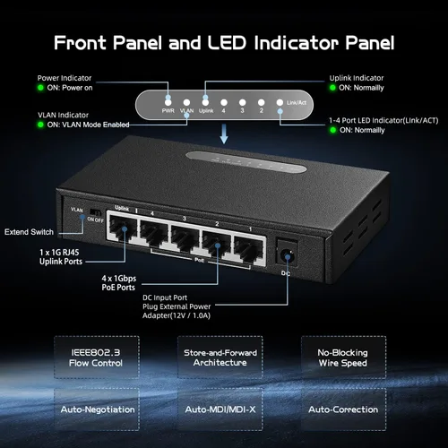 Miniatura 5 de Binardat Conmutador POE Gigabit de 5 puertos, 4 puertos 1000Mbps IEEE802.3af/at, 1 Uplink, Fuente de alimentación de 65W, Mini caja de metal