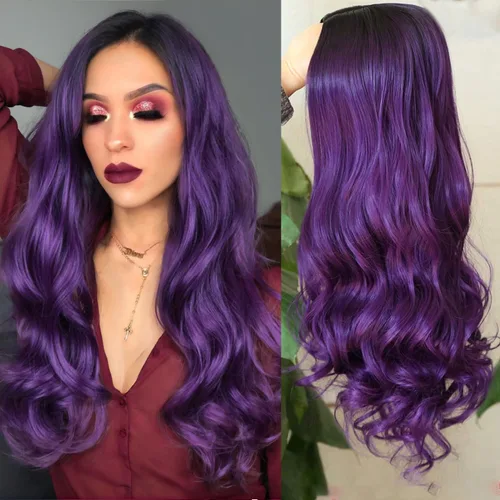 Pelucas largas, rizadas y onduladas, en color morado degradado, de pelo sintético, resistentes al calor, 2 tonos, raíces oscuras, para mujeres