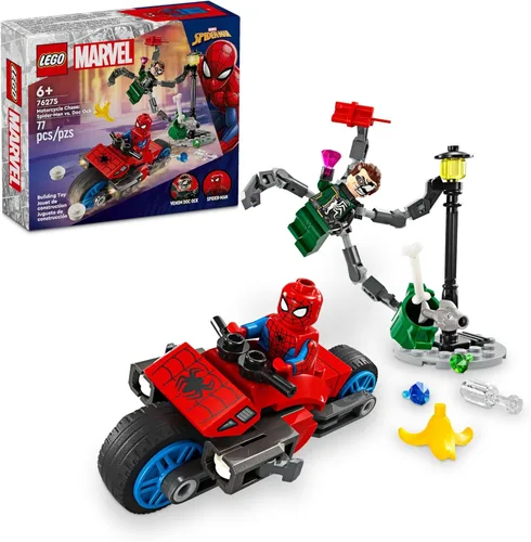 LEGO Marvel Motorcycle Chase: Spider-Man vs. Doc Ock, juguete de construcción para niños con tiradores y lanzadores de red, 2 minifiguras de Marvel,
