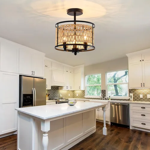 Miniatura 5 de Lámpara de techo de ratán de 3 luces, de 11 pulgadas, estilo bohemio, semiempotrada, lámpara de techo negra tejida a mano para casa de campo