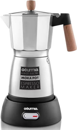 Gourmia Cafetera eléctrica Moka Pot Espresso – Cafetera de estilo italiano de 6 disparos, base inalámbrica desmontable de 360 ° de 550 W, aluminio