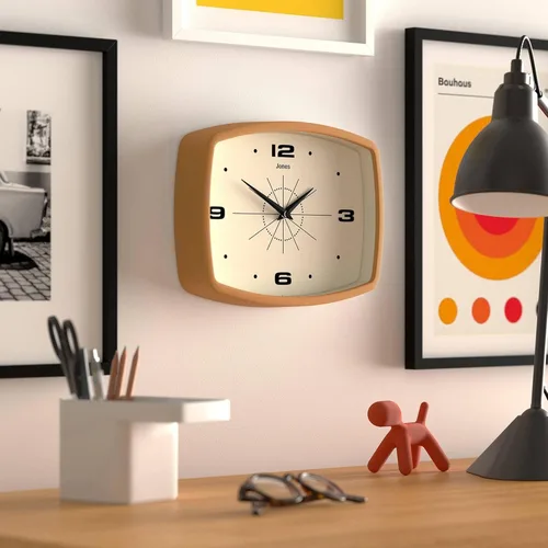 Miniatura 5 de JONES CLOCKS® Reloj de pared de película Reloj retro rectangular 10 pulgadas Amarillo mostaza Aspecto de diseñador fresco de mediados