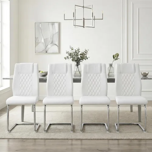 Miniatura 8 de gopop Juego de 4 sillas de comedor, de piel sintética blanca con marco de metal cromado chapado, sillas modernas de cocina con asiento acolchado