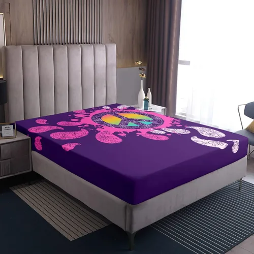 Miniatura 5 de Erosebridal - Juego de sábanas hippie para niños, tamaño doble, diseño de signo de la paz púrpura, sábana bajera bohemia, exótica para niños