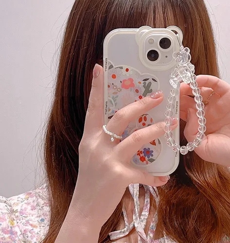 Miniatura 3 de Funda compatible con iPhone 8 Plus, bonito protector de cámara con diseño de oso de flores transparentes con bonita correa y cadena para niñas