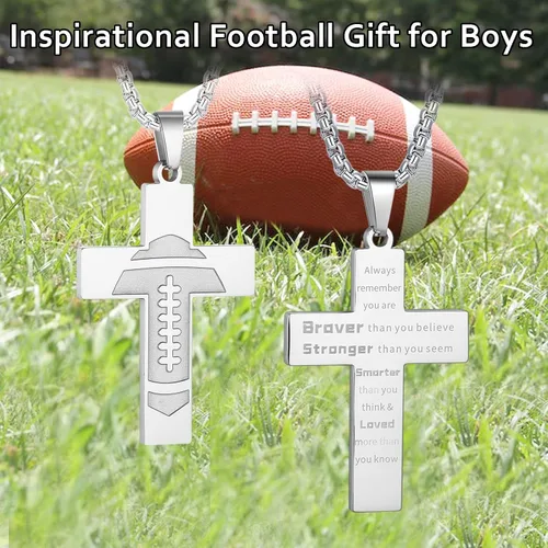 Miniatura 5 de HattiDoris Collar de cruz de fútbol para niños, colgante de cruz de versículo bíblico inspirador de cadena de acero inoxidable de 22 + 2 pulgadas