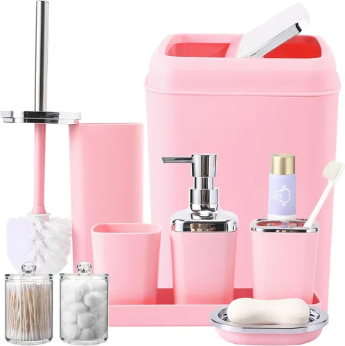 Miniatura 31 de XLHOMO - Juego de baño beige de plástico de 9 piezas, con basurero, dispensador de jabón, portacepillos de dientes, vaso, jabonera, cepillo