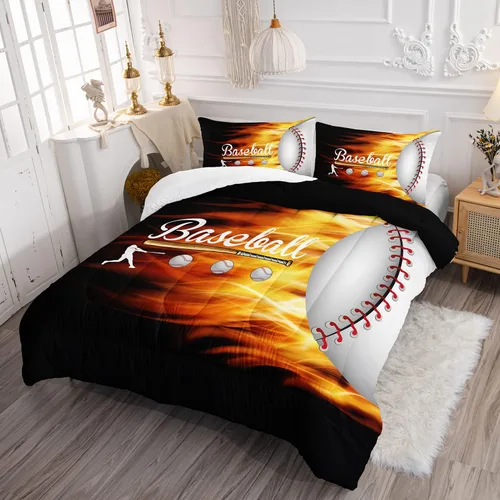 Miniatura 2 de HOSIMA Juego de edredón de béisbol 3D para niños y adolescentes, decoración de dormitorio, juego de edredón negro de béisbol y fuego, juego de ropa