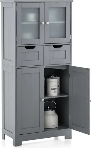 COSTWAY Armario de almacenamiento de baño, organizador de baño independiente con puertas de vidrio, 2 cajones y 2 estantes ajustables, armario alto