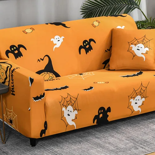 Miniatura 2 de Mybedsoul Funda de sofá con estampado de Halloween, funda elástica de fantasma, lavable a máquina, temática de Halloween, funda negra para sofá
