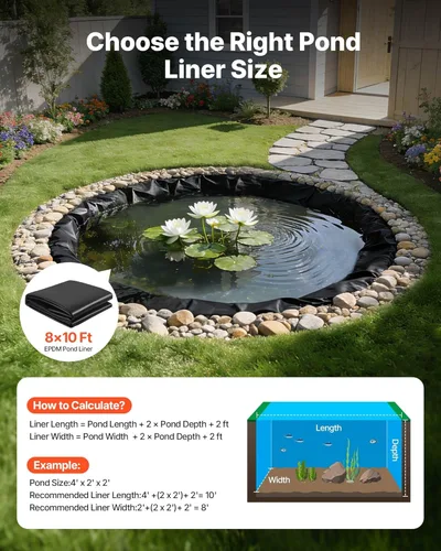 Miniatura 2 de VEVOR Revestimiento de estanque de 8 x 10 pies, grosor de 45 mil, material de goma EPDM para estanques al aire libre, fácil de cortar, duradero y a