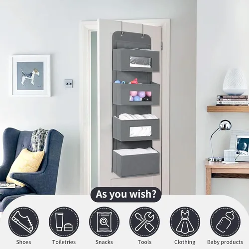 Miniatura 6 de MAX Houser Organizador para colgar sobre la puerta con 4 estantes y 2 ganchos de metal, organizador de almacenamiento de pared con 4 bolsillos sobre