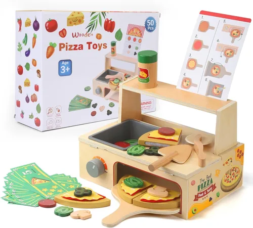 Juguete de madera para pizza, juego de 50 piezas para mostrador de pizza con horno para hornear, comida de cocina y accesorios para niños, juguetes