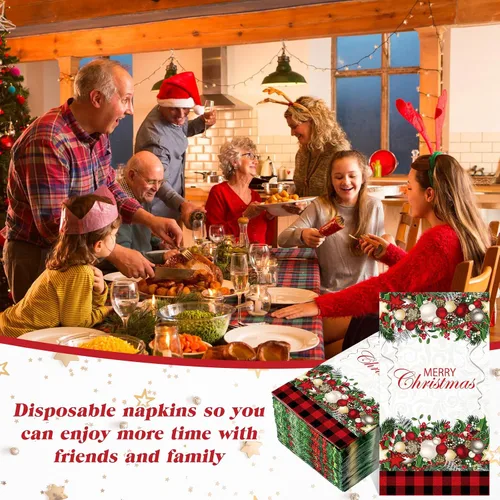 Miniatura 3 de Cholemy 200 servilletas de papel desechables de papel de 2 capas, diseño de bola de árbol de Navidad, diseño de Papá Noel negro, para cocina y baño