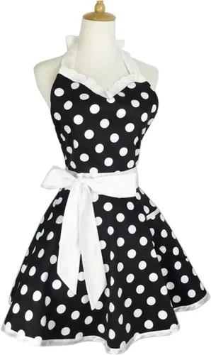 Miniatura 4 de Hyzrz Delantales de cocina retro para mujer, niña, algodón, lunares, cocina, salón, vestido de pinafore delantal vintage, regalo para madres (negro)