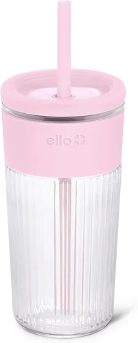 Miniatura 9 de Ello Ava - Vaso de vidrio de 18 onzas con popote y tapa, vidrio acanalado de alta calidad con agarre de silicona, apto para tazas de automóvil, apto