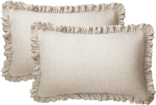 Miniatura 20 de S VICTORY SYMBOL Juego de 2 fundas de almohada de lino 100% a rayas, hilo de lino orgánico natural francés teñido en beige a rayas, King 20"x40