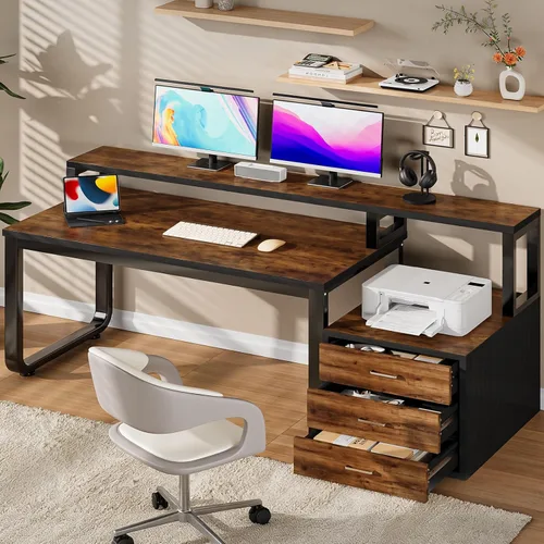Miniatura 8 de MaverickFurni Escritorio para computadora de 67 pulgadas con 3 cajones, escritorio de oficina en casa con estante para impresora y soporte