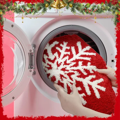 Miniatura 5 de Ceenna Alfombra de baño roja de invierno, lavable, absorbente de agua, antideslizante, divertida alfombra de baño con patrones de copo de nieve