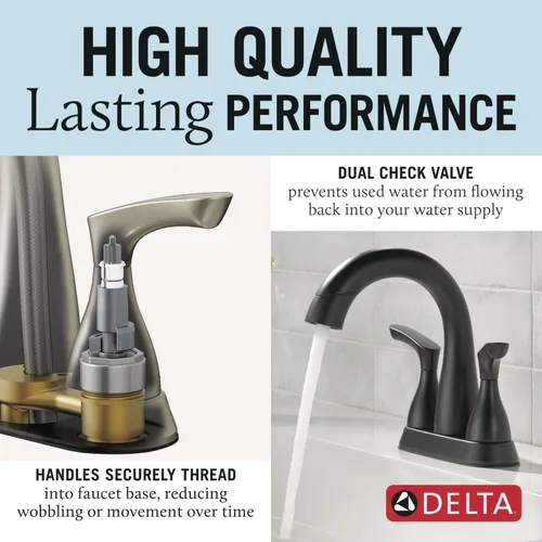 Miniatura 3 de Delta Broadmoor - Grifo central de baño negro mate con rociador, grifo de lavabo de baño de 4 pulgadas y 3 agujeros con rociador extraíble, drenaje