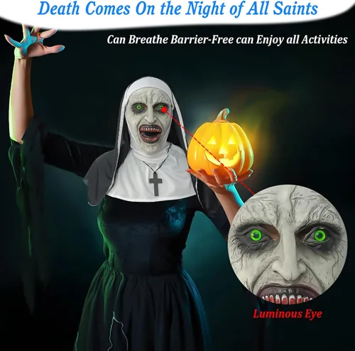 Miniatura 4 de Máscara de terror de monja 2024, máscara de disfraz de cabeza completa con collar de cruz para fiesta de Halloween