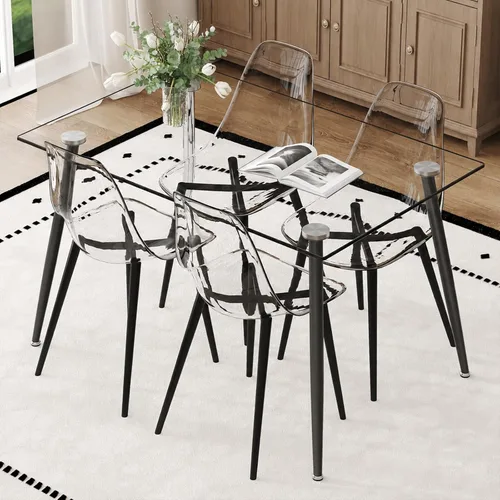 Miniatura 8 de Juego de mesa de comedor de vidrio Ebullient para 4, mesa de 51" de vidrio templado transparente con patas de metal negro y 4 sillas de acrílico