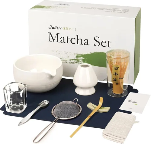 Miniatura 9 de Joiish Juego de batidor de matcha, kit de matcha de 10 piezas, batidor de bambú y cuenco de cerámica con boquilla y cuchara medidora y taza, Verde