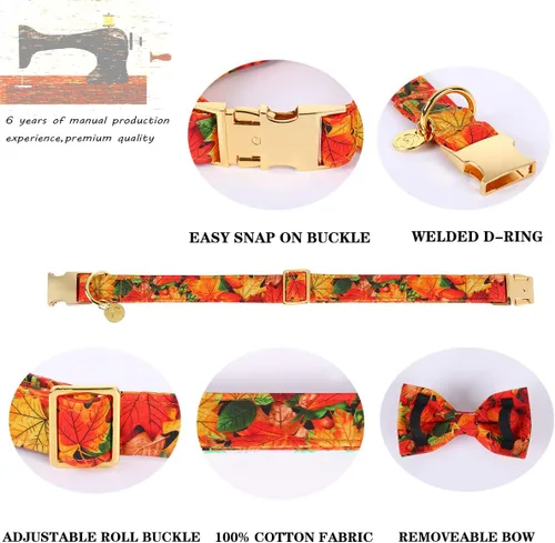 Miniatura 2 de DOGWONG Collar de otoño para perro con lazo, collar de moño para perro de Acción de Gracias, collar ajustable de algodón de otoño con hoja de arce