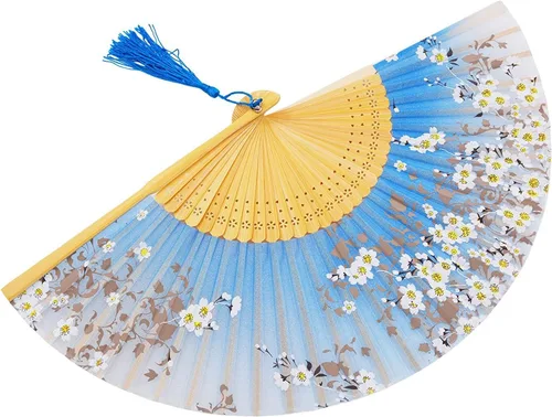 Miniatura 3 de Abanico plegable de bolsillo de Amajiji, hecho a mano, de seda, de 8.27′, elegante y moderno Azul