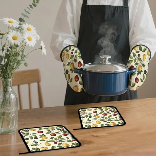 Miniatura 7 de Juego de guantes retro para horno y soportes para ollas, guantes de horno de cocina de cereza y soporte para ollas con resistente al calor, Cereza