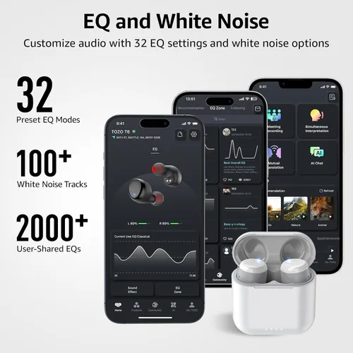 Miniatura 6 de TOZO Auriculares inalámbricos T6, auriculares Bluetooth 5.3, sonido estéreo en el oído, 50 horas de reproducción, estuche de carga inalámbrica