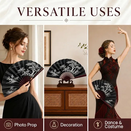 Miniatura 5 de TRENDBOX Ventilador plegable de mano tradicional chino de tela de nailon de 12 pulgadas, ventilador de mano para dibujo artístico, refrescante